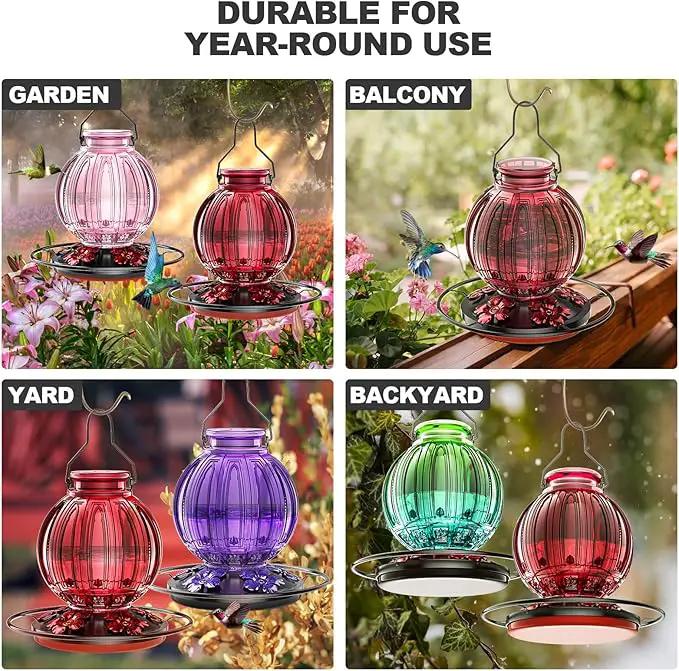2 Pack Glass Hummingbird Feeder for Outdoors Hanging, Bird Nectar Feeder with Perch & 5 Flower Feeding Ports, 26 Oz Leak Proof for Outside Garden Decor Backyard, Gifts for Women Mom, Red by GreenHaven Gardens