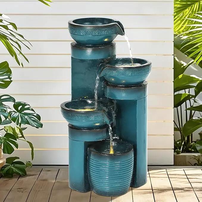 Autodaya 19.3" H Pedestal Outdoor Water Fountain with LED Lights and Pump, 4-Tier Cascading Water Feature, Tranuil Waterfall for Relaxing Garden, Patio, Yard, or Porch, Turquoise, Faux Ceramic Finish by GreenHaven Gardens