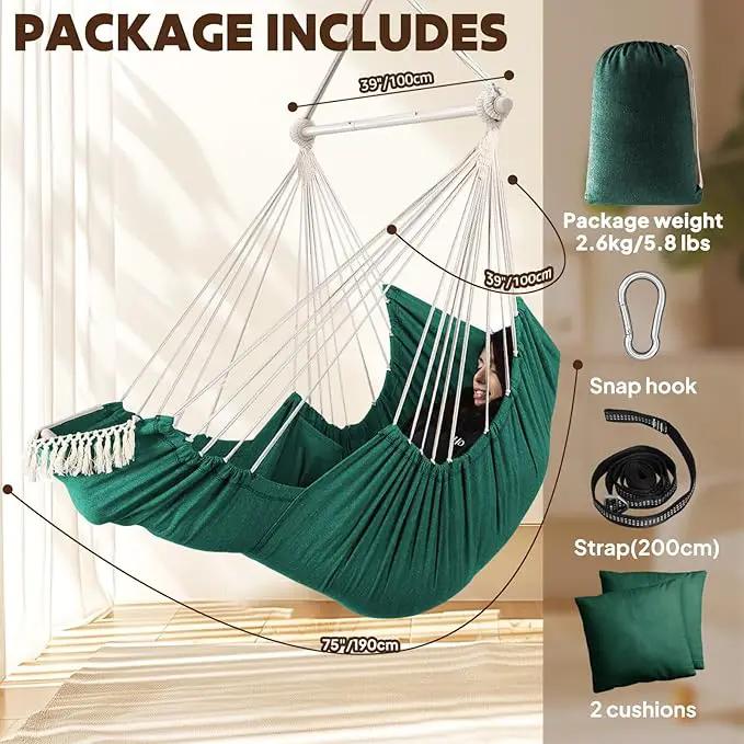 Chihee Hammock Chair Hanging Chair with Foot Rest 2 Cushions Max 500lbs Robust Metal Spreader Bar Collapsible Easy Storage Soft Cotton Swing Chair Strong Strap Iron Carabiner Side Pocket Included by GreenHaven Gardens