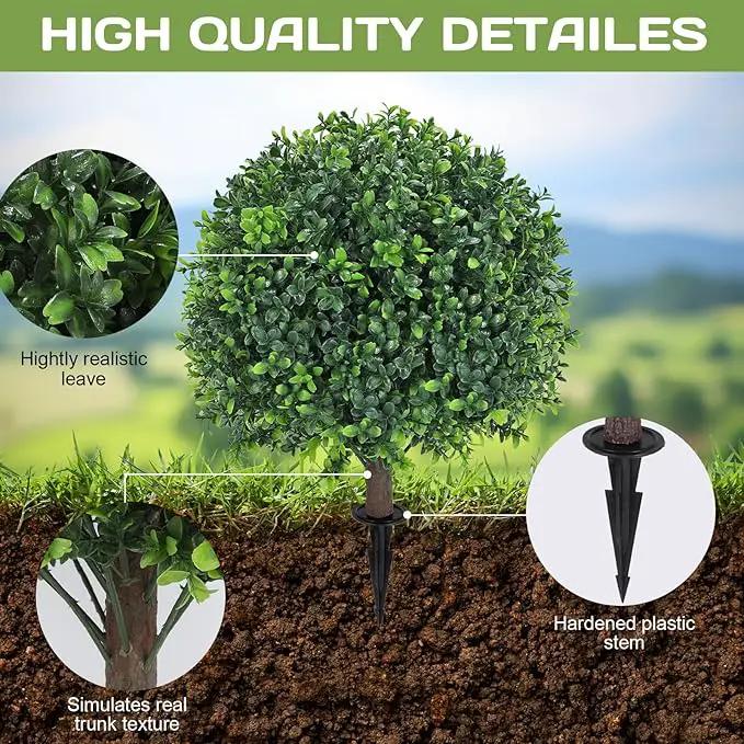 Artificial Boxwood Topiary Ball Tree 24" with Ground Spike, Set of 2 Artificial Boxwood Bushes for Faux Shrubs, Fake Evergreen Faux Plant for Indoor Outdoor Porch Garden- UV Resistant – Fade-Proof by GreenHaven Gardens