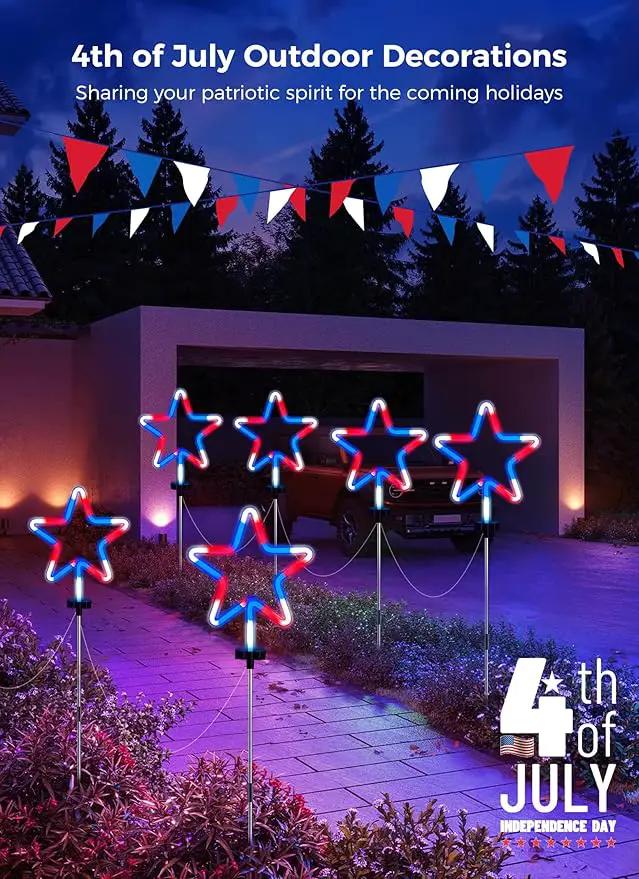 Brightown Red White and Blue Lights, 4th of July Decorations Outdoor, 8 Large Neon Star Pathway Lights Plug in, Patriotic Decorations Fourth of July Decor for Independence Day Garden Yard Outside by GreenHaven Gardens