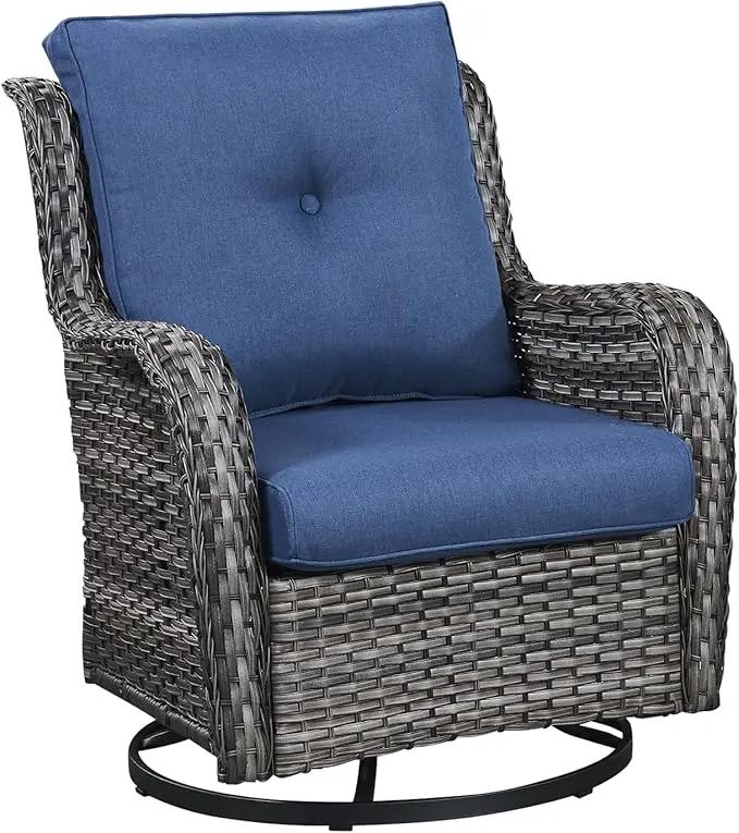 Outdoor Patio Swivel Rocker Chairs - Single Wicker Rattan Patio Swivel Rocking Chair with High Back,Deep Seating and Comfort Cushions for Deck Porch Garden,Mixed Grey/Blue by GreenHaven Gardens