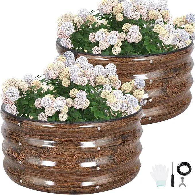 G GOOD GAIN Round Raised Garden Bed - 2Pcs 2x2x1ft Galvanized Steel Planter Boxes Outdoor with Rubber Edge Trim | Metal Raised Beds for Gardening Vegetables Flowers Fruits Herbs (Wood Grain) by GreenHaven Gardens