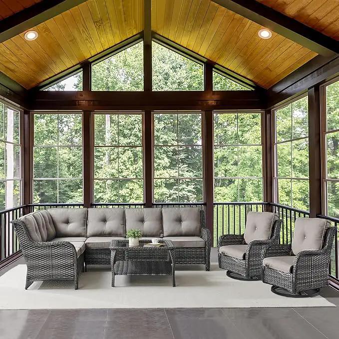 Outdoor Furniture Sectional Sofa L Shaped Couch - Patio Wicker Set with 2 Swivel Glider Chairs, 5 Piece Rattan Patio Conversation Sets with Gray Cushion for Deck Backyard Sunroom by GreenHaven Gardens