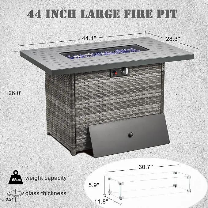 Propane Fire Pit Table,44 Inch 55000 BTU Outdoor Gas Fire Pit Rectangular with Glass Wind Guard for Outside Patio Deck (Gray-Aluminum Top) by GreenHaven Gardens