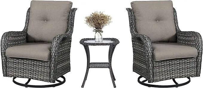 3 PCS Patio Furniture Set - Mixed Grey Wicker Swivel Rocking Chair Set with Side Table by GreenHaven Gardens