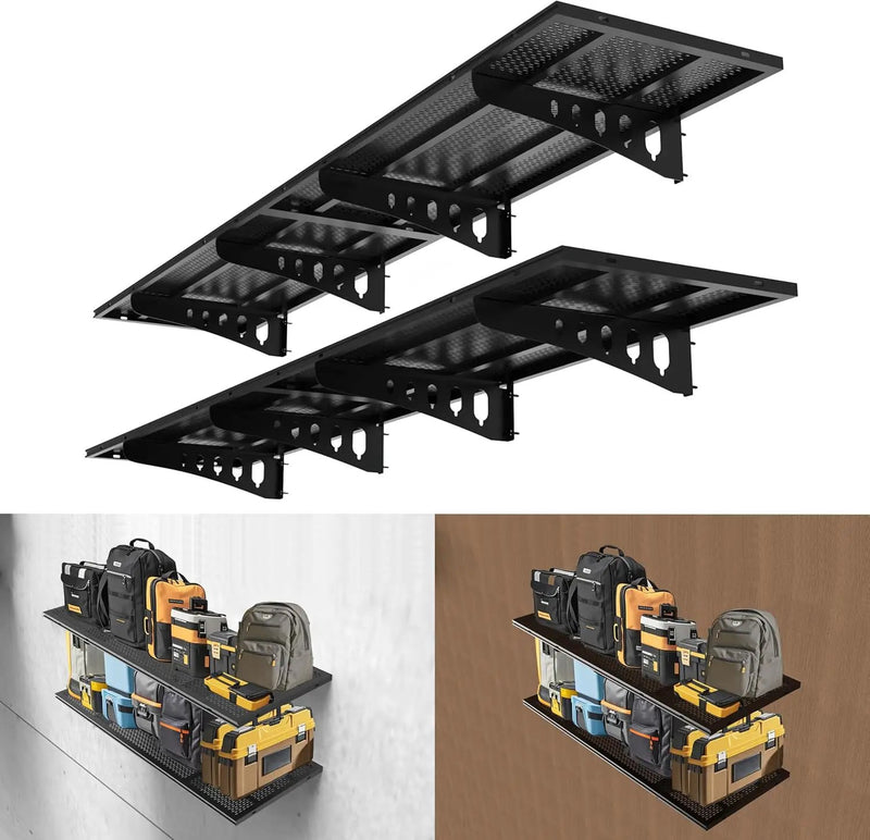 New 4 Pack Garage Wall Shelving, Heavy Duty 1.5' x 3.8' Wall Mount Storage Shelf with Hooks, Garage Storage Rack Floating Shelves, Holds 250 lbs Each by GreenHaven Gardens