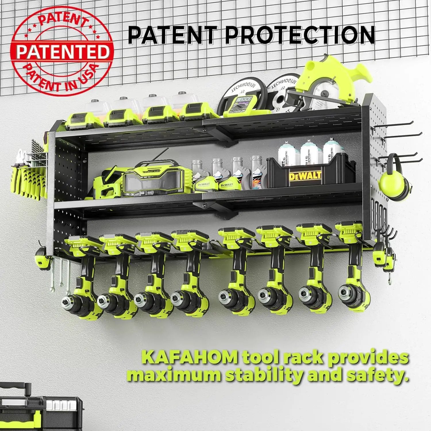 KAFAHOM Power Tool Organizer，Large 8 Drill Holder Wall Mount with 2 Side Pegboards,Metal Tool Shelf with 12 Hooks，Storage Rack for Garage Organization，Utility Cordless Drill Holder - Black by GreenHaven Gardens