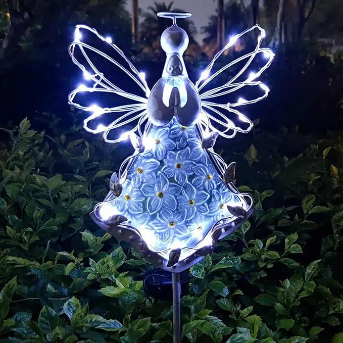 38Inch Angel Solar Lights Outdoor Decorative-Metal&Glass Angel Hydrangea Flower Garden Stake Lawn Light- Waterproof 30 Warm White LED for Remembrance Gifts & Sympathy Gifts(White) by GreenHaven Gardens