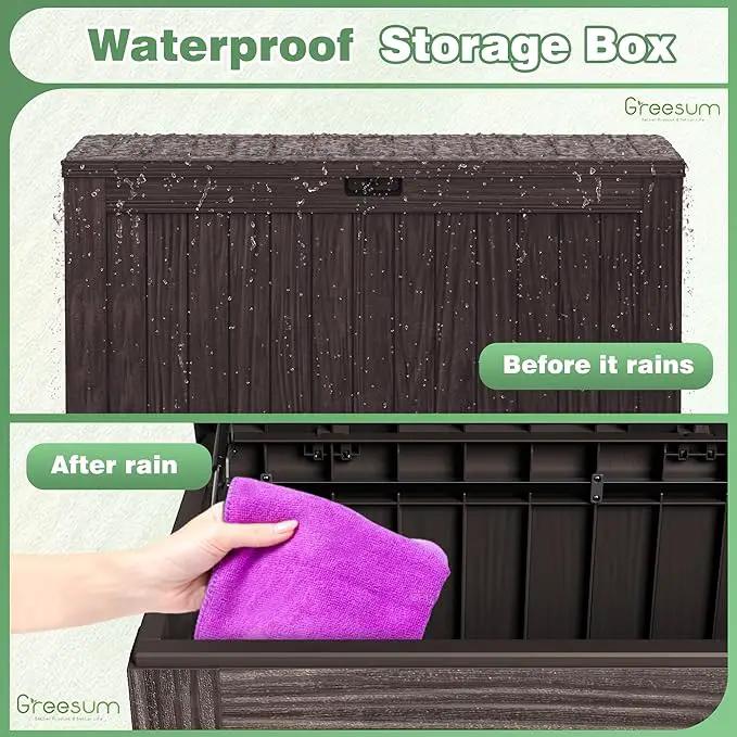 Greesum 120 Gallon Outdoor Storage Box with Lock - Large Resin Deck Box, Reinforced Lid for Garden, Patio, Lawn, Brown by GreenHaven Gardens