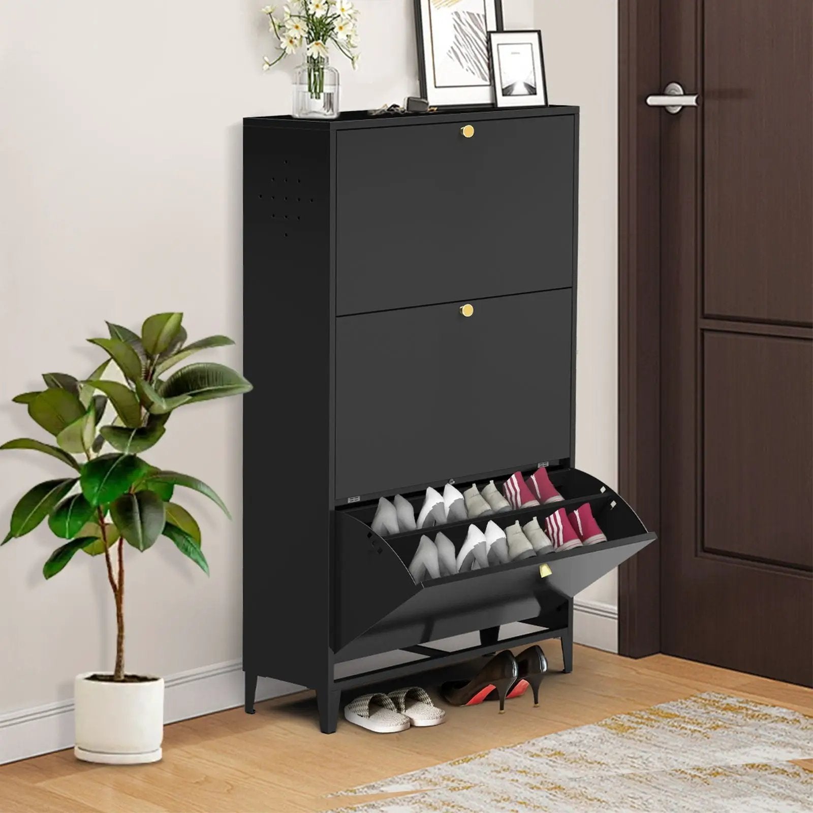 3 Drawer All Steel Shoe Cabinet, Freestanding Storage Organizer With Flip Door by HouseOfZazla
