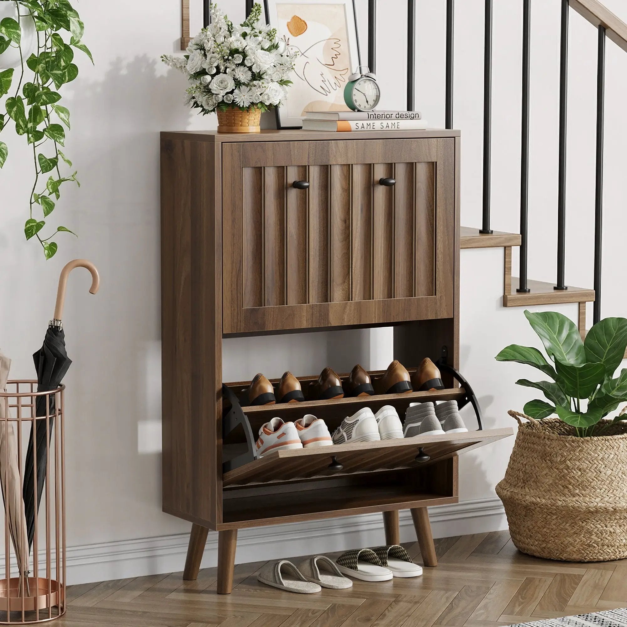 Shoe Cabinet, Upright Storage Unit - Walnut by HouseOfZazla