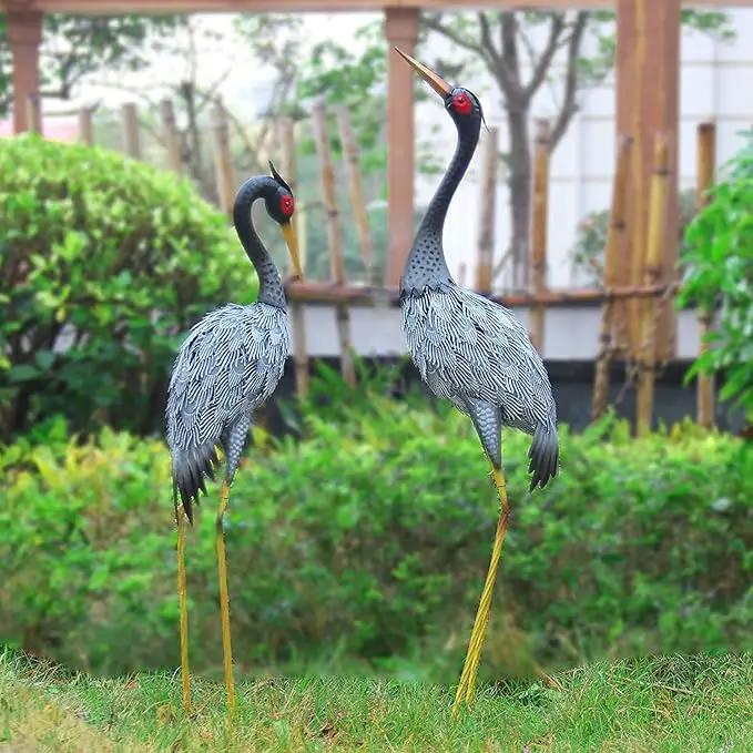 Crane Statue Garden Décor, Metal Heron Statue Yard Art for Outdoor Patio Lawn Backyard Pool Front Porch Deocr, Bird Garden Sculpture & Statues, Set of 2, Black and White by GreenHaven Gardens