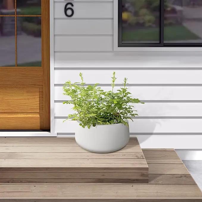 Kante 19.6" Dia Round Concrete Planter, Outdoor Indoor Garden Plant Pots with Drainage Hole and Rubber Plug, Modern Curvaceous Design, Pure White by GreenHaven Gardens