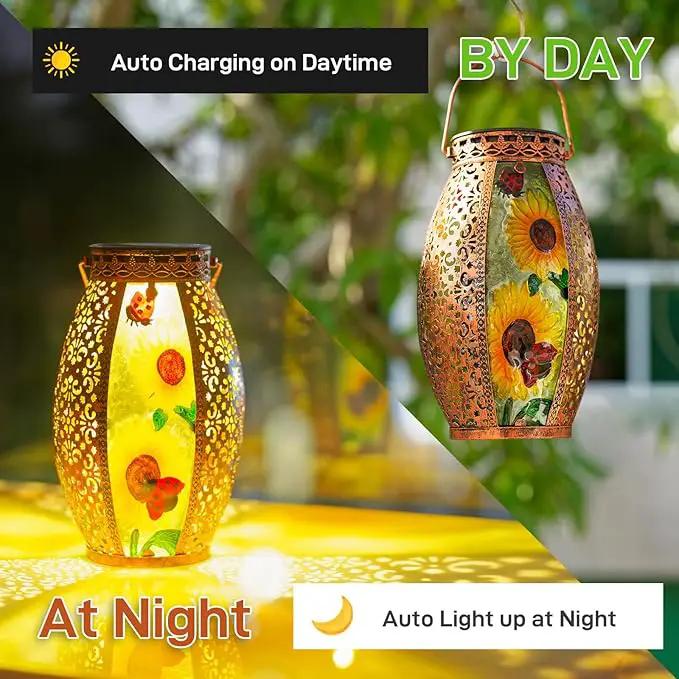 Sunflower Solar Lanterns Outdoor Waterproof,Hanging Solar Lantern with Ladybug,Outdoor Solar Lanterns with Hollowed-Out Design Metal &Glass Lantern,Solar Lights for Garden Patio Lawn Decor by GreenHaven Gardens