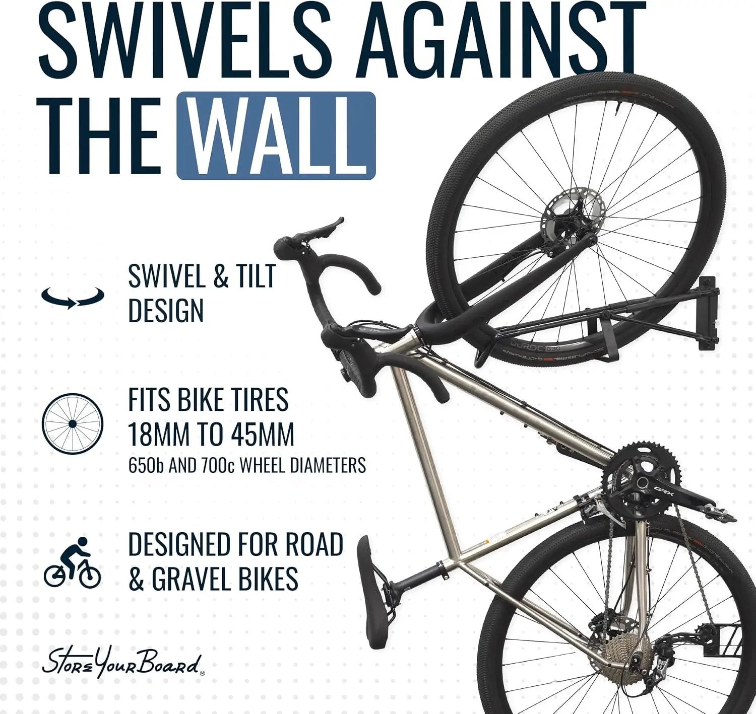 StoreYourBoard SwivelStow Road & Gravel Bike Storage – Heavy Duty Bike Hanger, No-Lift Bike Wall Mount for Garage Bike Storage, Holds 70 lbs, Patent-Pending by GreenHaven Gardens
