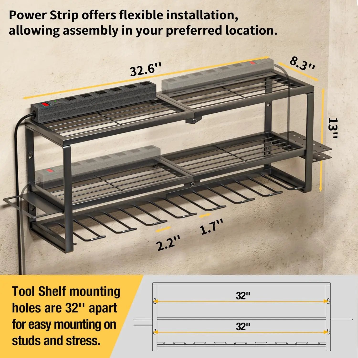 YYR Heavy Duty Power Tool Organizer with Charging Station, Cordless Drill Hanger Storage Rack, Battery Tools Holder Wall Mount Shelf for Garage - 32 Inch Equipped with Surge Protection Power Strip by GreenHaven Gardens