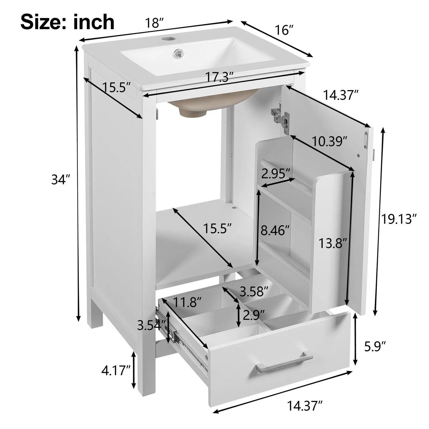 Bathroom Vanity With Ceramic Sink, Soft Close Drawers, Door Organizer, Divider Drawer, Adjustable Foot Pads by Unique Piece Furniture