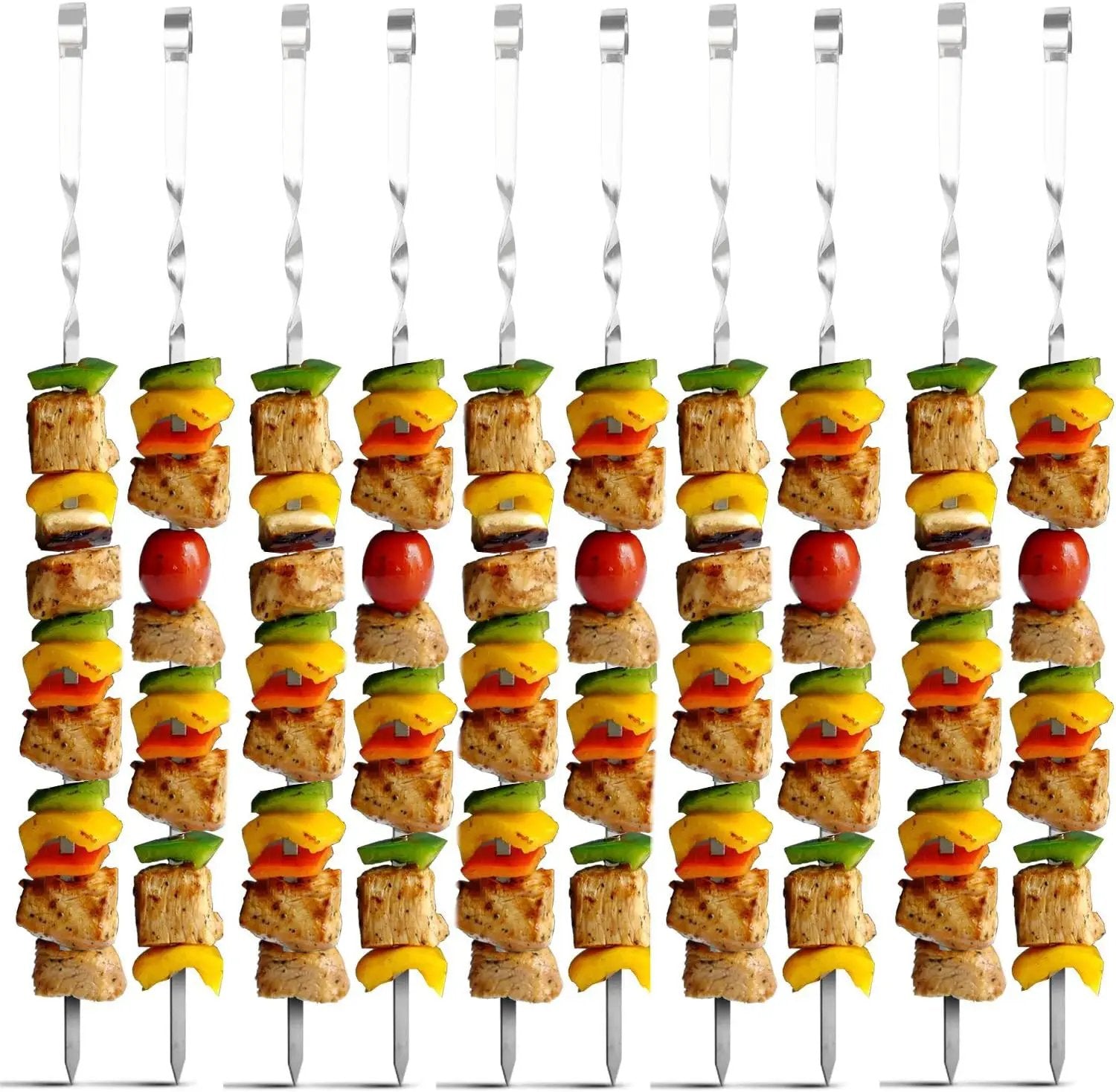 Antallcky 12 Pack Kabob Skewers BBQ Barbecue Skewers Stainless Steel Sticks Heavy Duty Large Wide Reusable with Nonslip Ring Handle Ideal for Shish Kebab Chicken Shrimp and Vegetables (22 inch) by GreenHaven Gardens