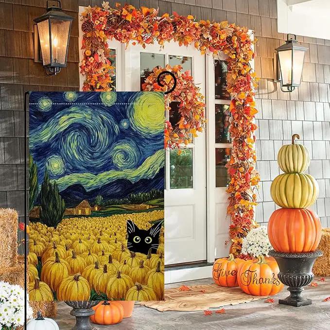 BLKWHT Fall Pumpkin Cat Garden Flag 12x18 Vertical Double Sided Blue Sky Autumn Thanksgiving Holiday Outside Decorations Burlap Yard Flag BW825 by GreenHaven Gardens