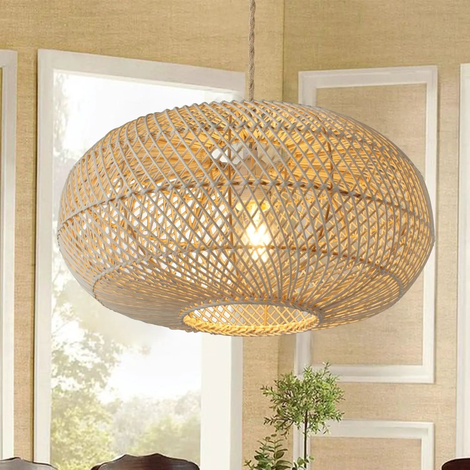 Rattan Pendant Light 16" 1-Light Hand-Woven Rattan Hanging Light，Wicker Woven Basket Chandelier，Modern Bohemian Pendant Lamp for Kitchen Island Foyer Farmhouse Porch by GreenHaven Gardens