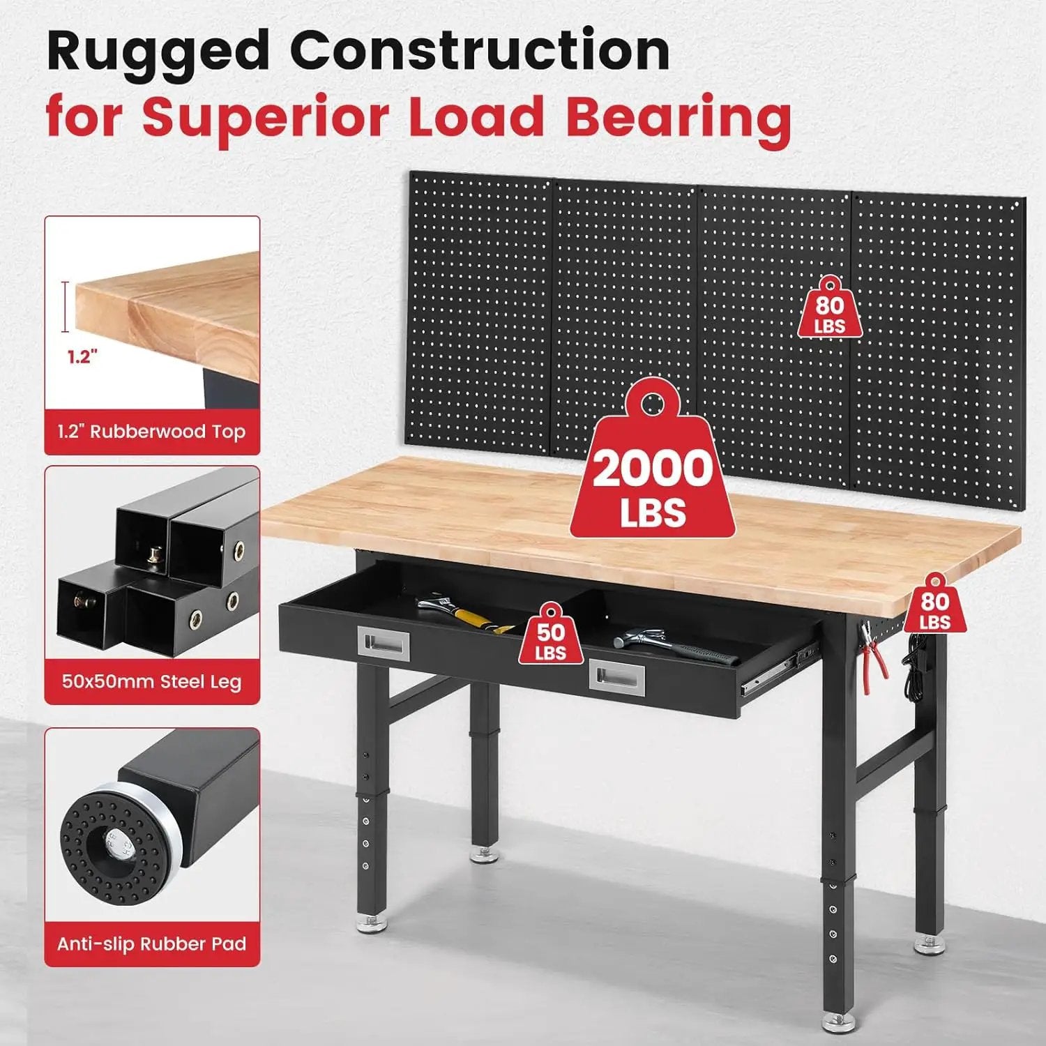 Work Bench for Garage with Drawers 60 x 22 Inch Heavy Duty Rubberwood Tabletop Work Table with Pegboard, Power Outlets Adjustable Workbench for Woodworking Shop, Home, Office, Electronic by GreenHaven Gardens