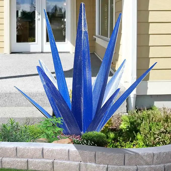 Large Tequila Rustic Sculpture, Rustic Metal Agave Plants for Outdoor Patio Yard, Home Decor Hand Painted Metal Agave Garden Yard Statue, Outdoor Lawn Ornaments Yard Stakes (Dark Blue - M) by GreenHaven Gardens