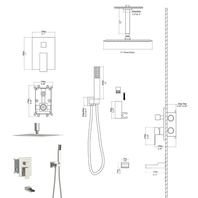 Modern Shower System With Waterfall Tub Spout, 12" Ceiling Mount Square Shower by HouseOfZazla