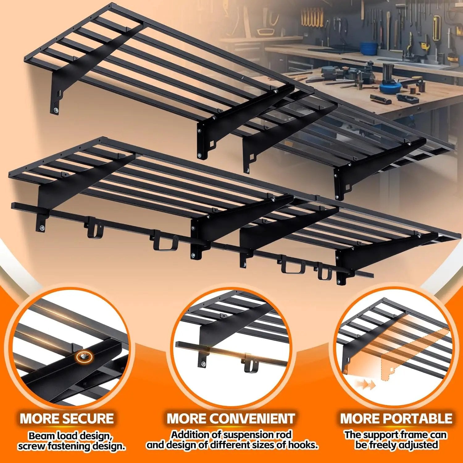 Garage Wall Shelving with Hooks,2-Pack 1.64 x 6ft Garage Wall Shelf,Loads 1050 lbs Heavy Duty Wall Shelves,20” x 72” Garage Shelves Wall Mounted,Black by GreenHaven Gardens