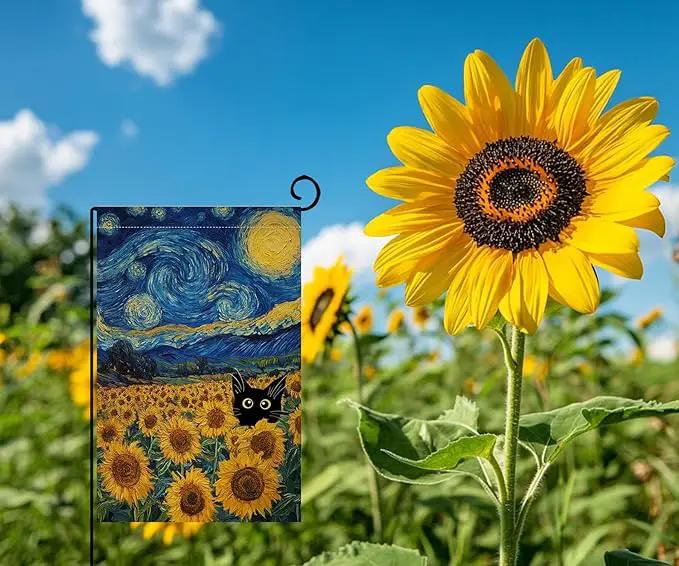 BLKWHT Summer Sunflower Cat Garden Flag 12x18 Vertical Double Sided Blue Sky Welcome Farmhouse Holiday Outside Decorations Burlap Yard Flag BW822 by GreenHaven Gardens
