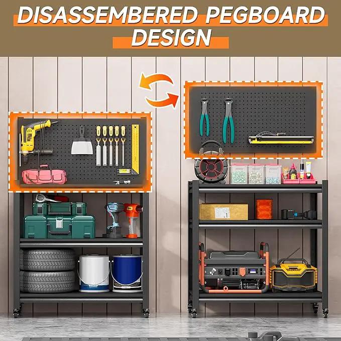 Workbench with Pegboard, Adjustable Heavy Duty Work Table with Wheels, Heavy Duty Workstation, Metal Tool Work Bench for Garage Warehouse Workshop, 48" H x 18" D x 34" W, Black