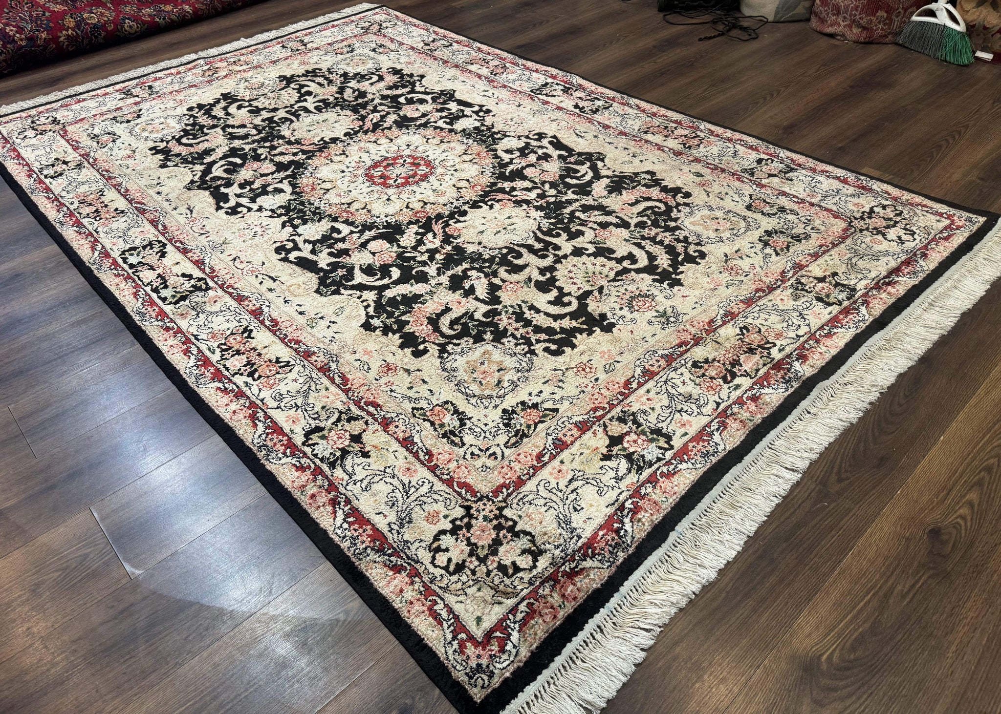 Indian Kashmiri Silk Rug, Floral Medallion, Vintage Hand Knotted Carpet by Jewel Rugs