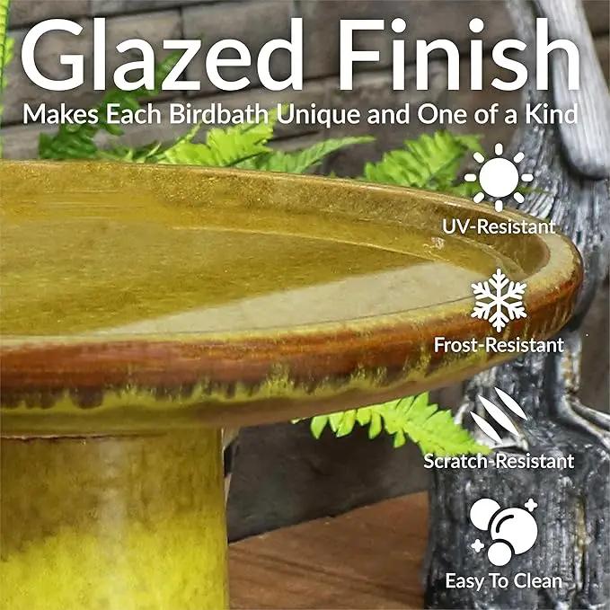 Sunnydaze 21" H Ceramic Bird Bath for Outside - Hand-Painted Outdoor Bird Bath Bowl, UV/Frost-Resistant Finish - Cognac Yellow - Ribbed Pedestal by GreenHaven Gardens