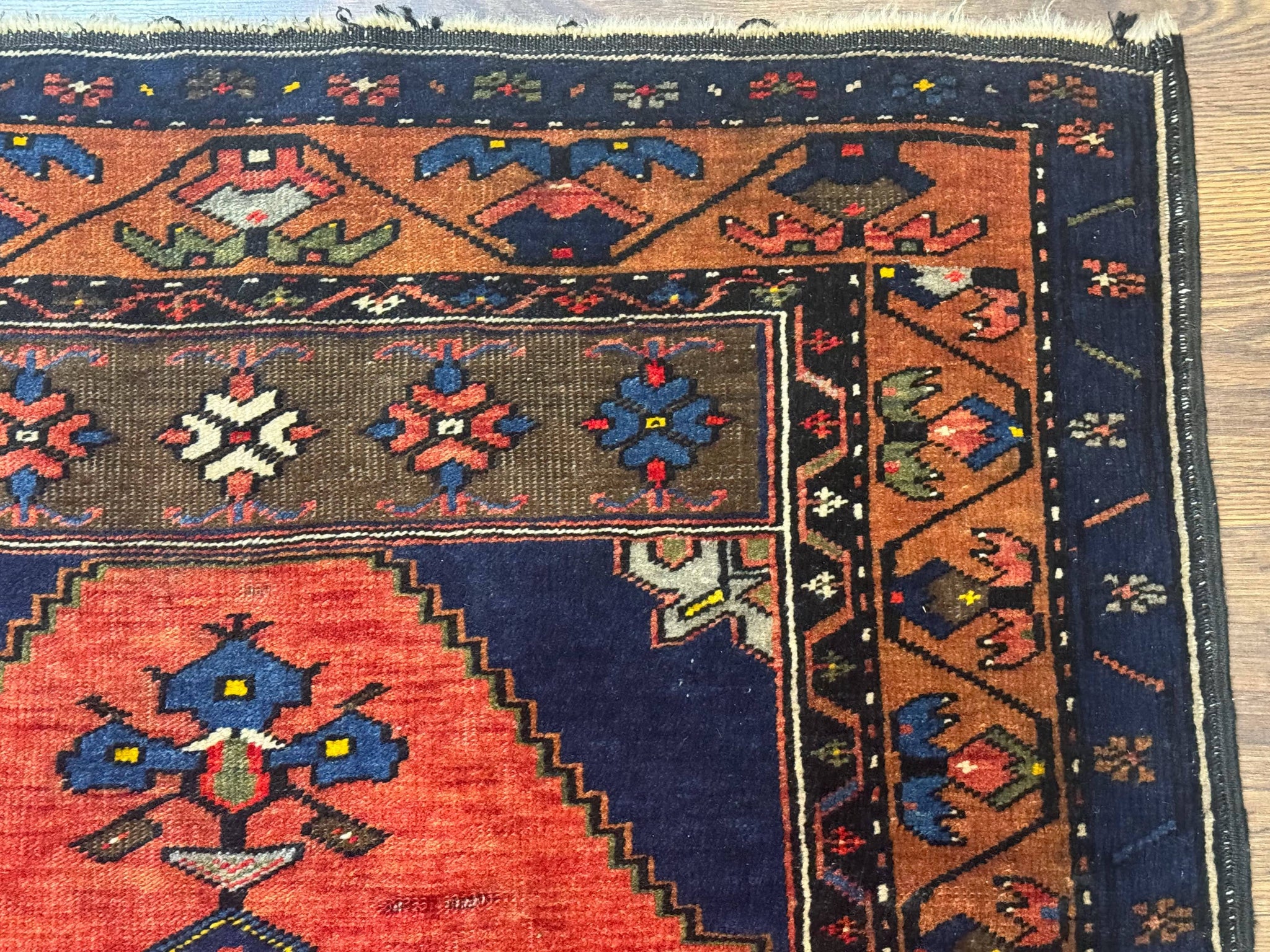 Persian Rug 3x6, Geometric Medallion, Village Tribal Rug, Terracotta and Navy Blue, Antique Nahavand Hamadan Rug by Jewel Rugs