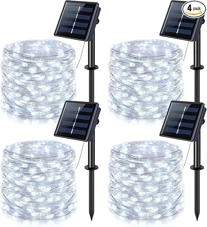 JMEXSUSS 4 Pack 100 LED Solar String Lights for Outside, 33ft White Solar Fairy Lights Outdoor Waterproof, 8 Modes Solar Christmas Lights for Garden Yard Tree Wedding Decorations by GreenHaven Gardens