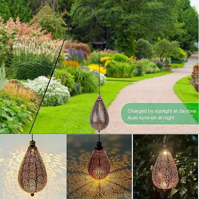 MAGGIFT 2 Pack Solar Hanging Lights, Solar Powered Decorative Retro Lantern with Handle, Warm White LED Christmas Garden Boho Flower Lights, Metal Drop Shape Waterproof Outdoor Yard Tree Fence Patio by GreenHaven Gardens