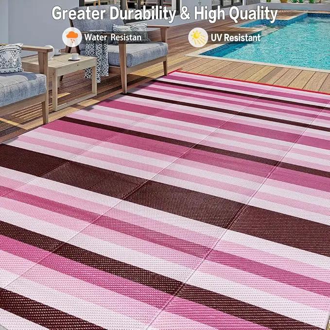 Outdoor Waterproof Rug 6'x9' Plastic Straw Rugs Washable Reversible Floor Mat Pink Stripe Carpet for Camping RV Deck Entryance Porch Picnic Balcony Beach Backyard by GreenHaven Gardens