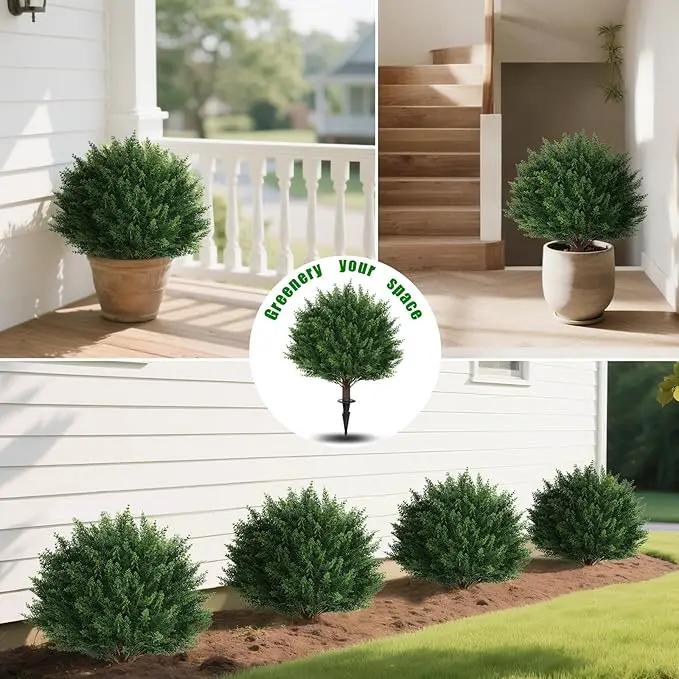 Artificial Set of 2 Cedar Topiary Ball Trees 16" for Outdoors with Ground Spike, UV Resistant Faux Cypress Plants, Evergreen Shrubs Bushes for Front Porch Garden Backyard Decor by GreenHaven Gardens