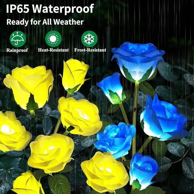 Solar Garden Lights - Realistic 20 Rose Waterproof Solar Flowers for Outside Patio Yard Pathway & Christmas Decorations, Blue & Yellow by GreenHaven Gardens