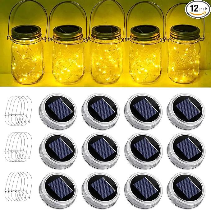 SmilingTown Solar Mason Jar String Light Lids 12 Pack 30 LED Fairy Firefly Inserts Lighting with 12 Hangers Waterproof for Outdoor Tree Patio Lawn Garden Decor, No Jars by GreenHaven Gardens