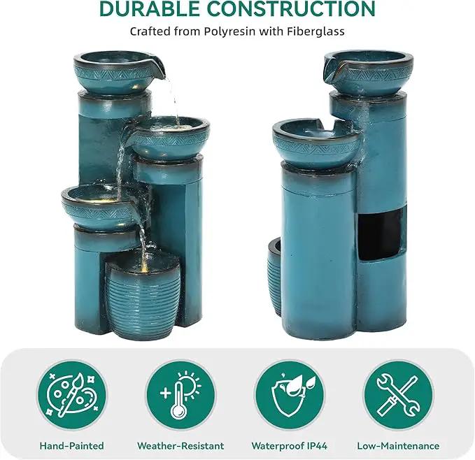 Autodaya 19.3" H Pedestal Outdoor Water Fountain with LED Lights and Pump, 4-Tier Cascading Water Feature, Tranuil Waterfall for Relaxing Garden, Patio, Yard, or Porch, Turquoise, Faux Ceramic Finish by GreenHaven Gardens