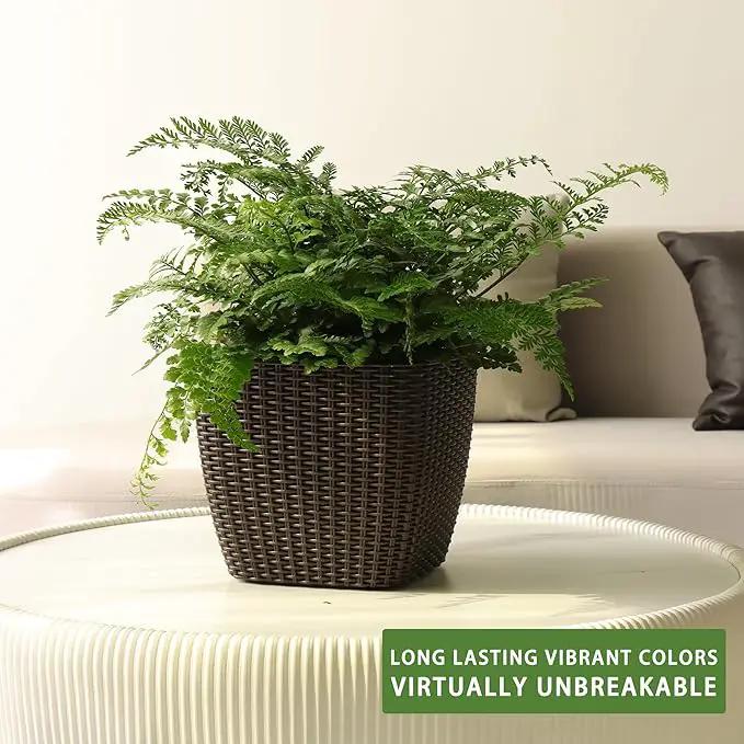Dexceder 9x8 Self Watering Planter Indoor Outdoor, Inner Mat Design, Thickened Table Flower Plant Pot with Water Level Indicator (Brown Rattan) by GreenHaven Gardens