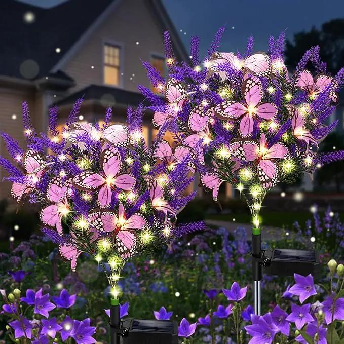 Solar Garden Lights Outdoor, 2 Pack Purple Lavender Solar Butterfly Lights Gardening Gifts for Women, Purple Solar Artificial Flower with Butterfly Purple Garden Decor for Lawn Patio-Warm White by GreenHaven Gardens