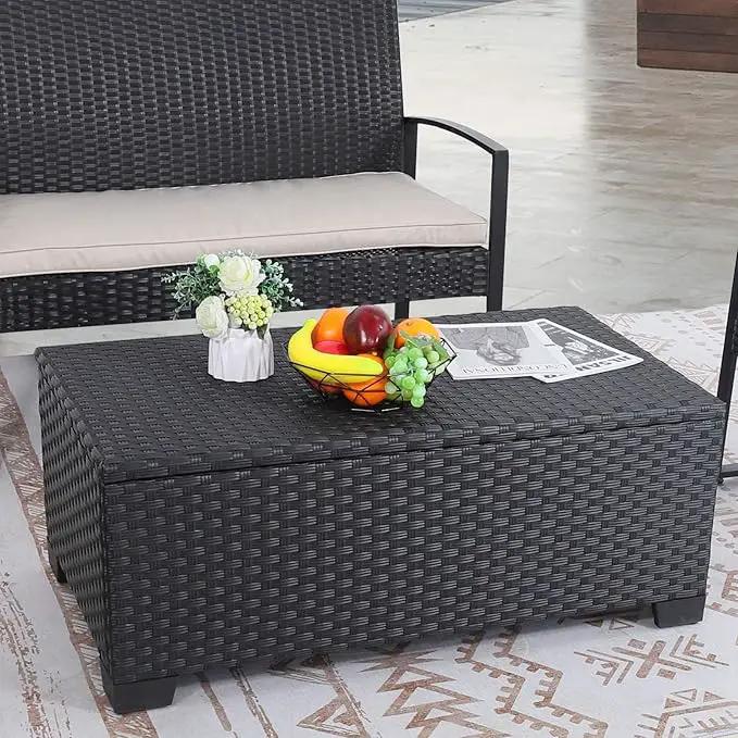 Rattaner Patio Coffee Table with Storage Wicker Outdoor Coffee Table and All-Weather Wicker Side Table with Waterproof Cover, Black by GreenHaven Gardens