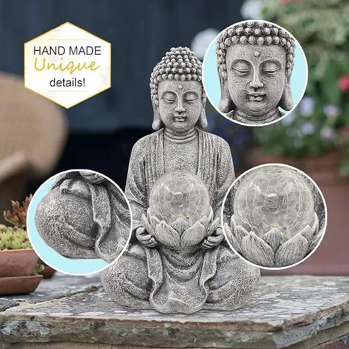 Nacome Meditating Buddha Statue with Solar Light,Zen Solar Garden Buddha with Cracked Glass Ball Sculpture-Indoor/Outdoor Decor for Balcony,Garden,Patio,Porch Yard Art Ornament,Gift by GreenHaven Gardens
