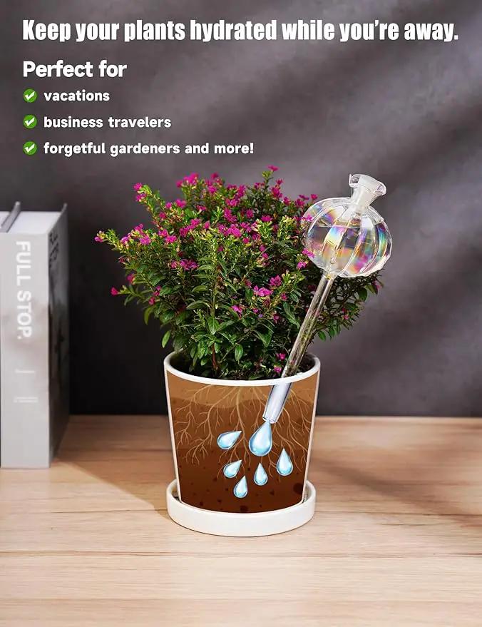 NiHome Plant Watering Globes 2-Pack, Iridescent Glass Cactus Self Watering Globe, Glass Waterer for Potted Plants - 4.7OZ/140 ML Capacity Automatic Mini Irrigation System, Adorable Gardening Gift by GreenHaven Gardens