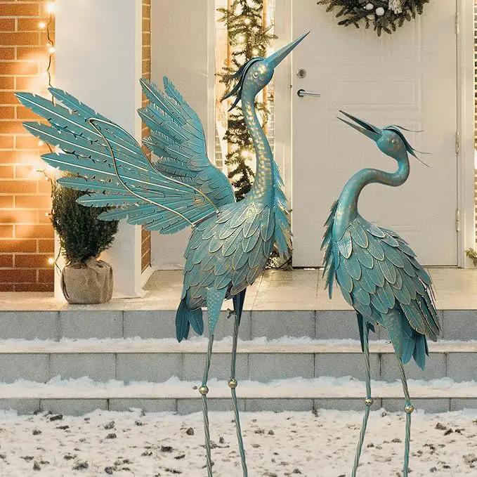Crane Statues for Outdoor, Metal Heron Garden Statues Bird Yard Art, Standing Sculptures for Yard Lawn Pond Garden Decor, 38-42 Inch Set of 2, Cyan by GreenHaven Gardens