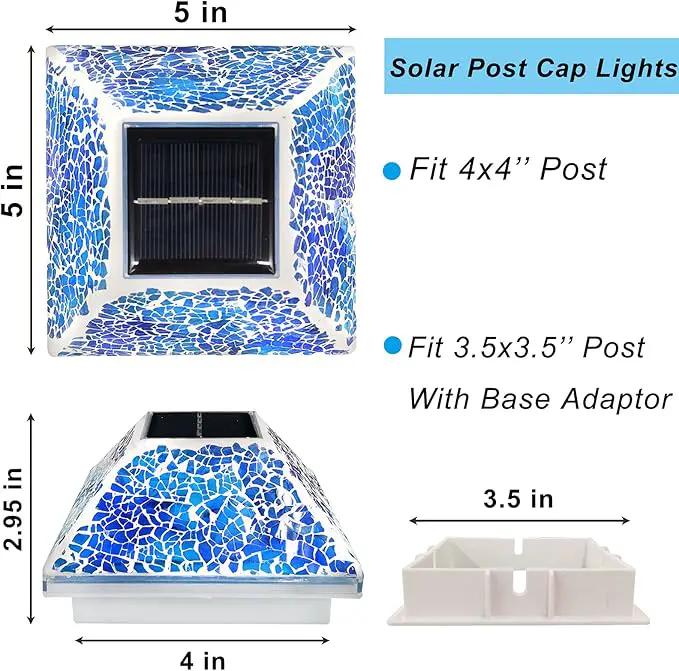 2PK Mosaic Solar Post Cap Lights Outdoor for 4x4, 3.5x3.5 Post Crackled Glass Deck Fence Lamp Weatherproof LED Light Decor in Garden, Yard, Outdoor Table, Balcony, Landscape- Cyan Blue by GreenHaven Gardens