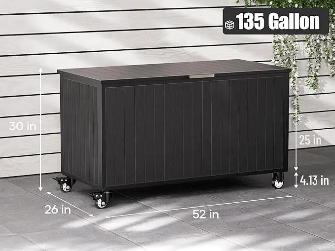 Outdoor Storage Box with Wheels 135 Gallon, Mobile Waterproof Aluminum Deck Box, UV Resistant Patio Storage Box with Lid for Patio Furniture, Garden Tools (Black) by GreenHaven Gardens