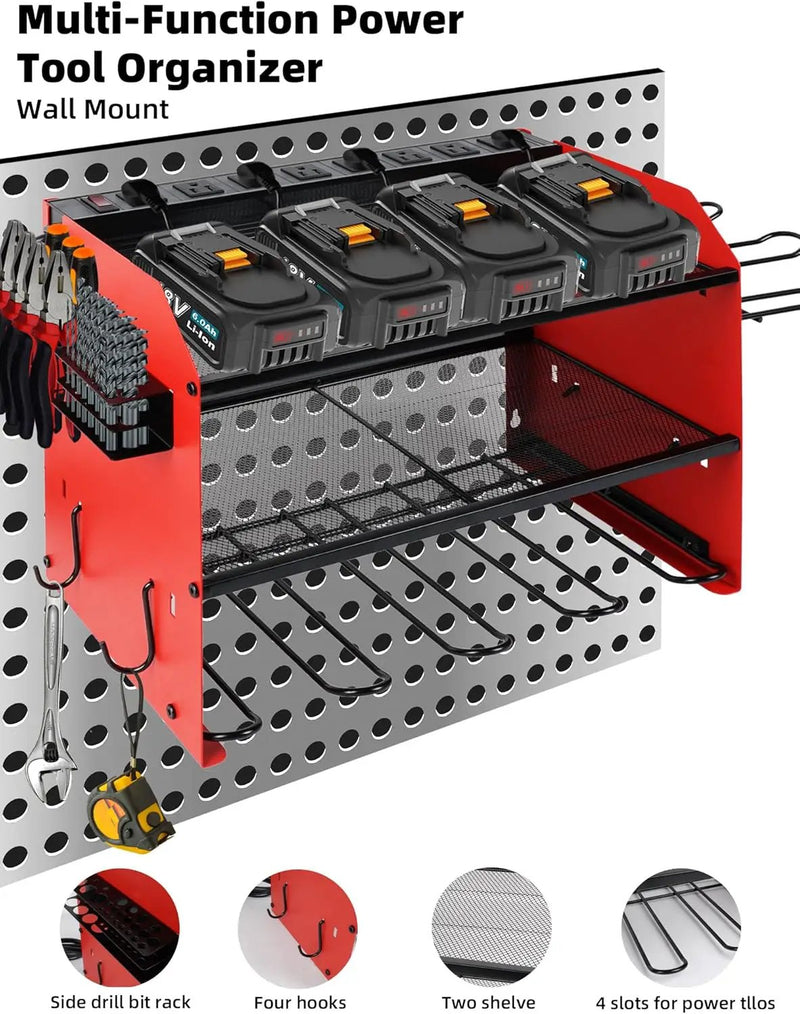 Power Tool Organizer wtih Charging Station，3 Layers Storage Rack with Screwdriver Rack 6 Drill Holders 8 Outlets Max Load 110lbs，for Workshop Garage Organizers and Storage Tool Battery Holder (red) by GreenHaven Gardens